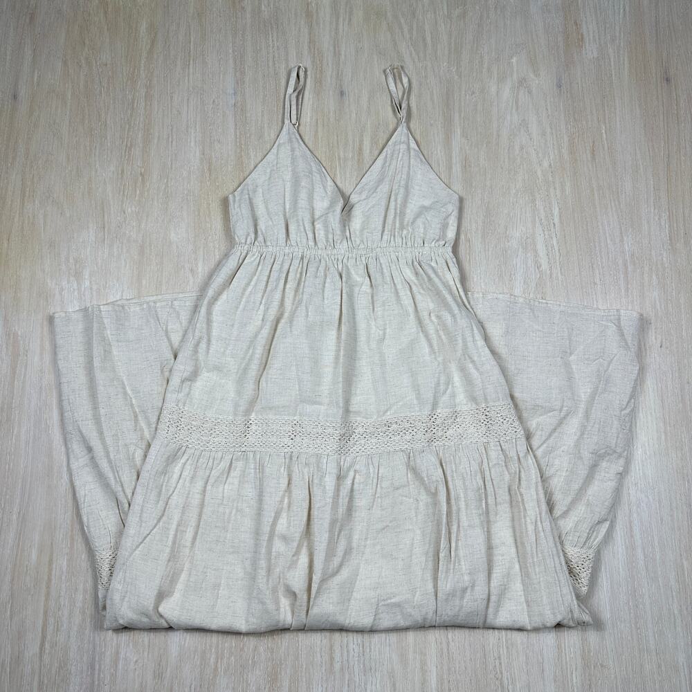 Sim & Sam Beige Linen Blend Crochet Coastal Beach Boho Tiered Midi Dress Small